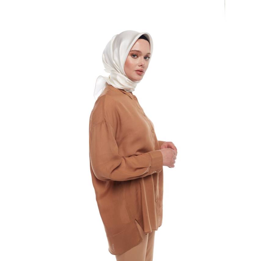 İPEKEVİ EKRU DÜZ TİVİL İPEK EŞARP - 3