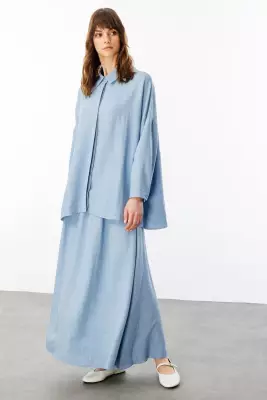 MİCCA İPEKÇE KUMAŞ ETEK TUNİK TAKIM MAVİ - 1