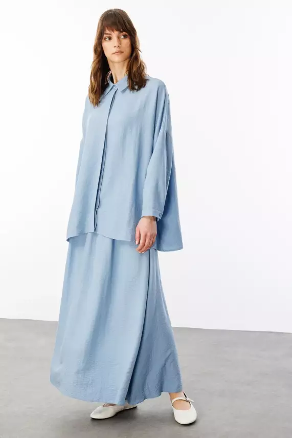MİCCA İPEKÇE KUMAŞ ETEK TUNİK TAKIM MAVİ - 1