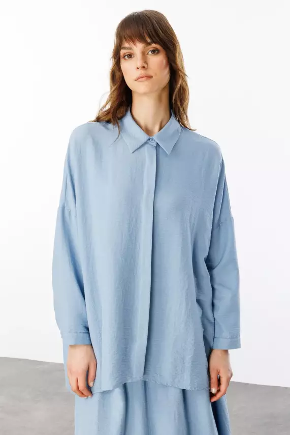 MİCCA İPEKÇE KUMAŞ ETEK TUNİK TAKIM MAVİ - 2