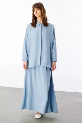 MİCCA İPEKÇE KUMAŞ ETEK TUNİK TAKIM MAVİ - 4