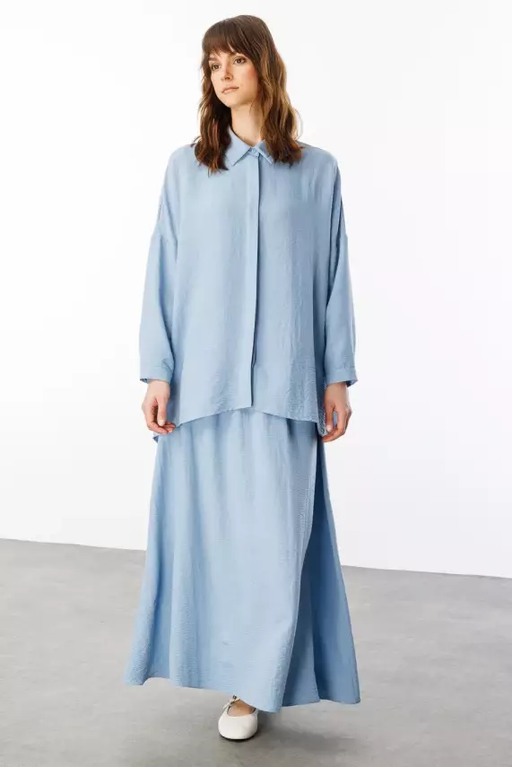 MİCCA İPEKÇE KUMAŞ ETEK TUNİK TAKIM MAVİ - 4