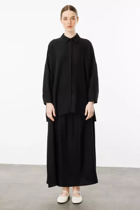 MİCCA İPEKÇE KUMAŞ ETEK TUNİK TAKIM SİYAH - 1